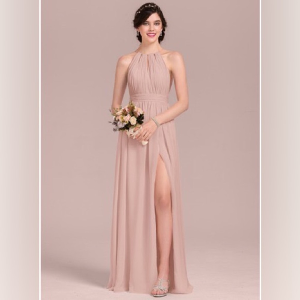 JJ House Dusty Rose bridesmaid dress, high neckline